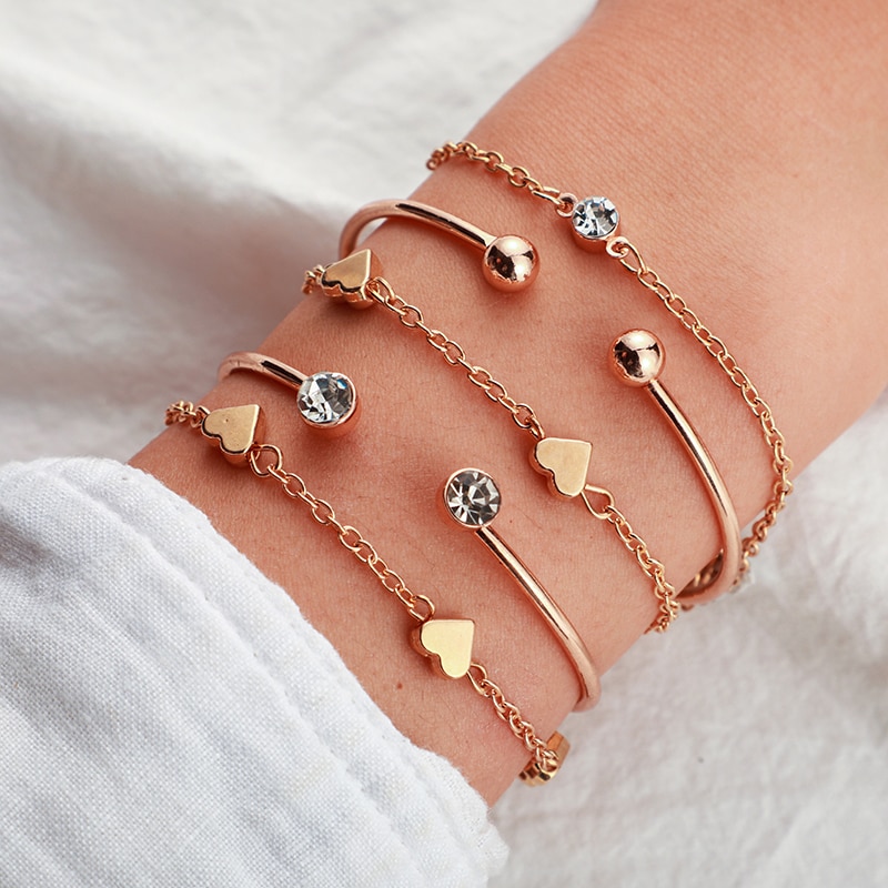 Tocona Korean Crystal Heart Bracelets Layered Open Adjustable Hand Chain Women's Bracelet Jewelry 8319