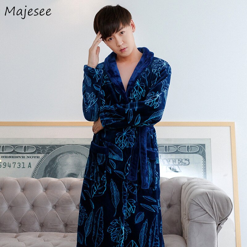 Gewaden Mannen Turn-down Kraag Gedrukt Flanel Warme Zachte Winter Dikkere Lange Eenvoudige Dagelijkse Mens Trendy Kleding chic