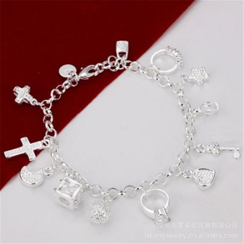 Trendy Schmuck Chic Silber Farbe Überzogen Armband Mond Herz Schloss Kreuz Charm Armband 13 Anhänger Armband