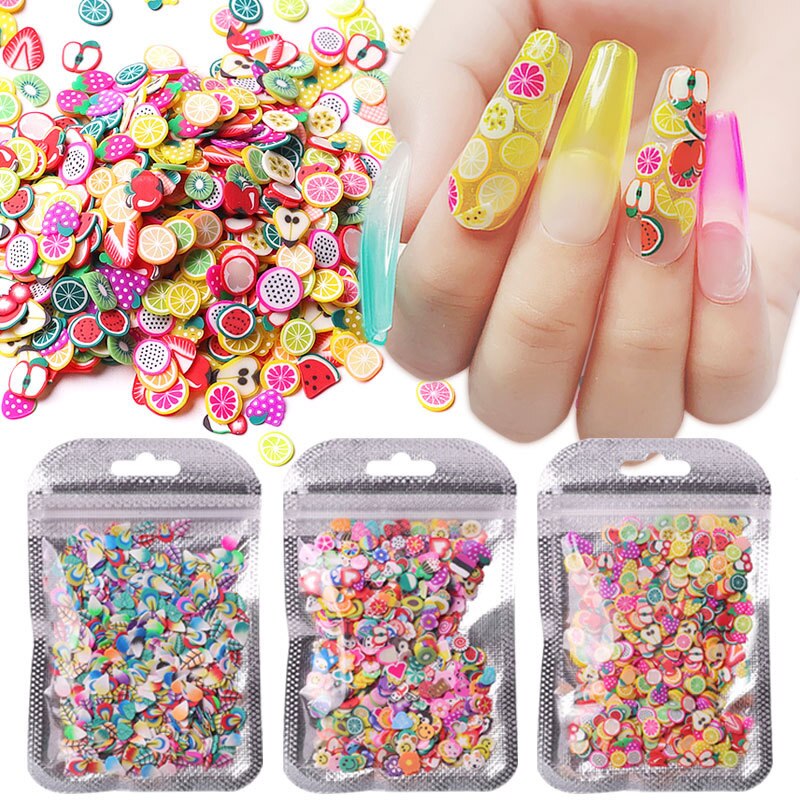 3d nail art decoraties schattige bloemen fruit klei plak nail art decoratie kleurrijke nail glitter pailletten nail art decoraties
