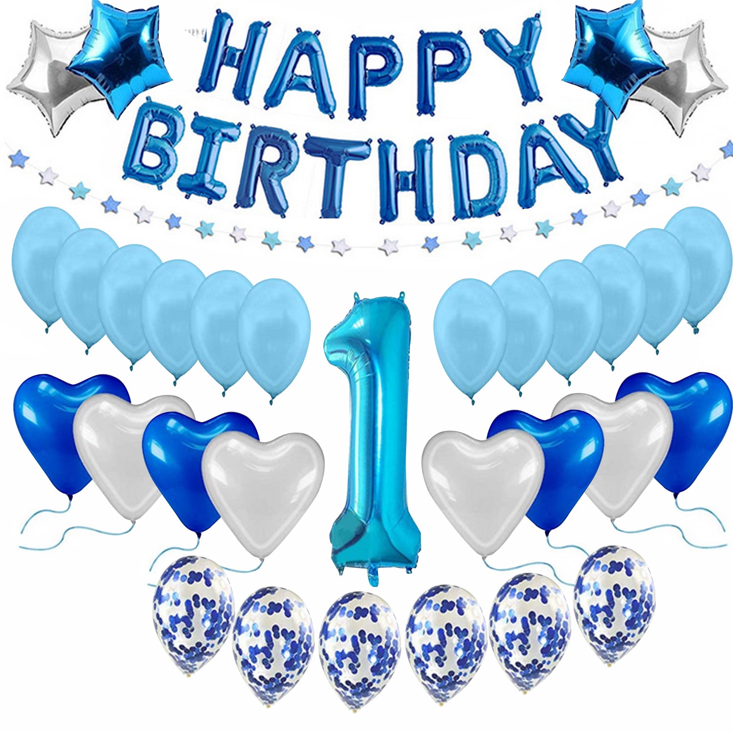 First 1st Birthday Decorations Set with Happy Birthday Banner Foil Fringe Curtain 30pcs Balloons for Party Photo Props Supplies