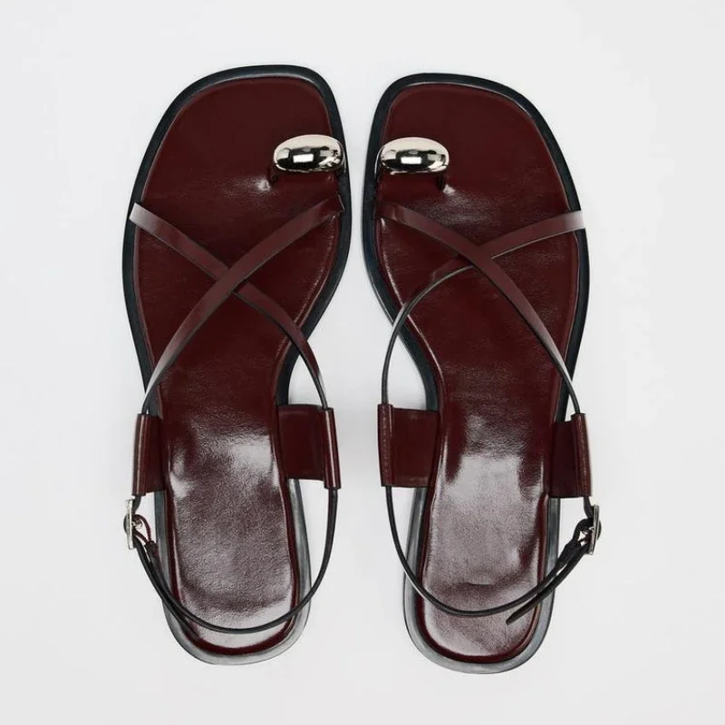 Sandalias planas con de hebilla y correa cruzada para mujer, zapatillas planas informales con decoración de Metal a la , zapatos de playa cómodos, verano