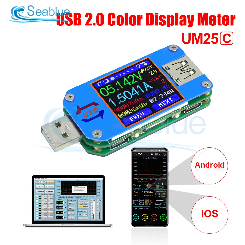 Um25 um25c usb 2.0 type-c lcd-farvedisplay voltmeter ammeter batteri opladningsspænding strømmodstand meter usb tester