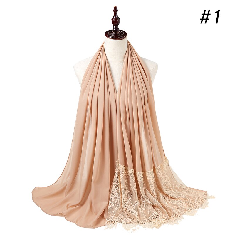Vrouw Vlakte Kant Sjaal Buble Chiffon Moslim Sjaal Moslim Effen Kleur Lady Uitlaat Luxe Foulard Hijaabs: color 1