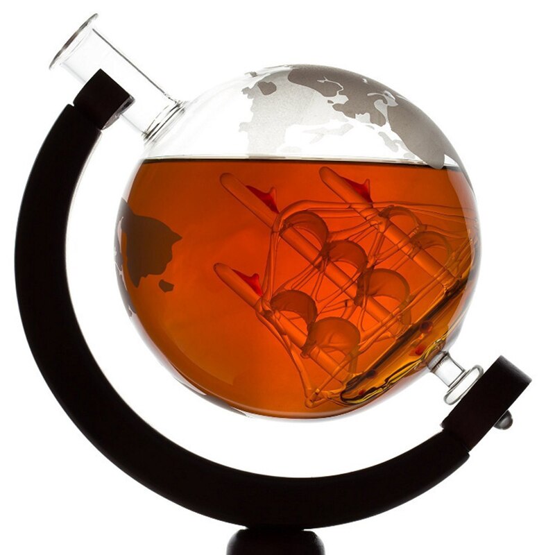 Whiskey Decanter Set Vodka Globe Decanter For Liquor Bourbon Vodka Globe Decanter With Finished Wood Stand