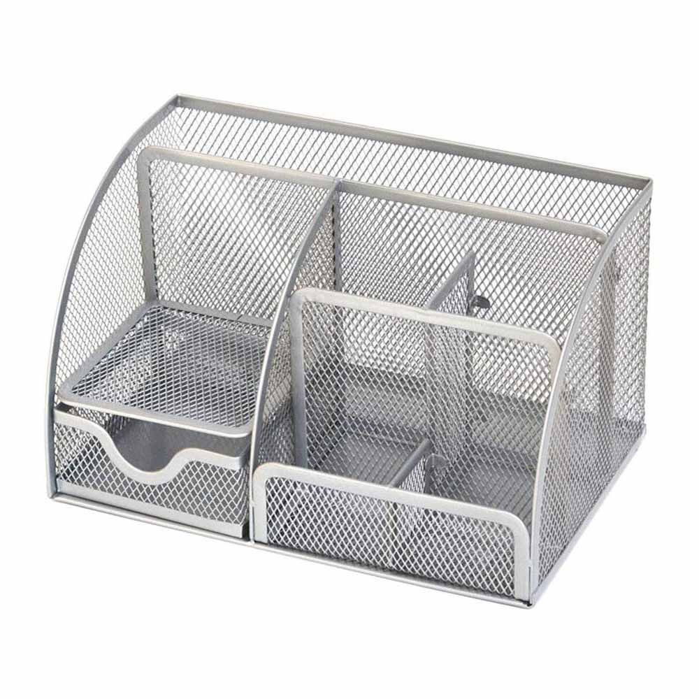 Mesh Desktop Organizer Metal Pen Pencil Holder File Paper Book Letter Magazine Tray 6 Compartments Stationery Holder Organizer: Silver
