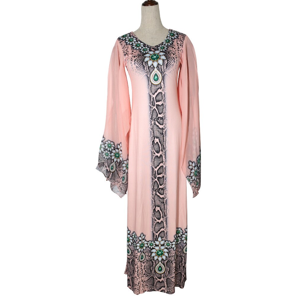 Printet maxi kjole med flare ærmer afrikansk kjortel dashiki ramadan kaftan løse kjoler abaya vkdr 2045: Lyserød / L
