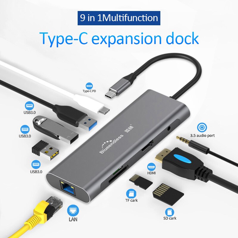 2019 novo conversor 10 em 1 adaptador usb c hub, tipo-c para hdmi usb 3.0 rj45 pd doca adaptador hub para macbook laptop: 9 In 1