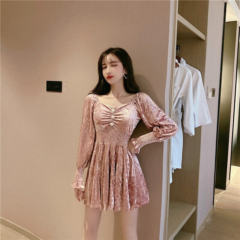 Temperament dam lykta ärm prinsessklänning guld sammet långärmad klänning kvinnor viktoriansk klänning kawaii flicka gotisk