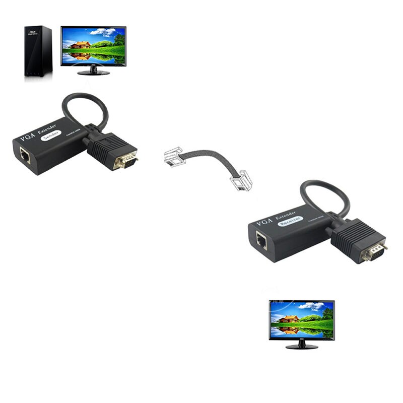 1 Pair 1080P VGA to RJ45 LAN Ethernet Extension Adapter Up to 80M Over CAT5E/6 Cable HDTV VGA Extender Repeater Signal Booster