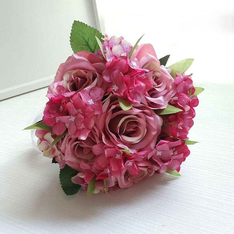 LKY Fr mariage Bouquet mariée Bouquet fleurs mariage soie Roses hortensia rose bleu Bouquet demoiselles d'honneur décoration accessoires: Burgundy Red Bouquet