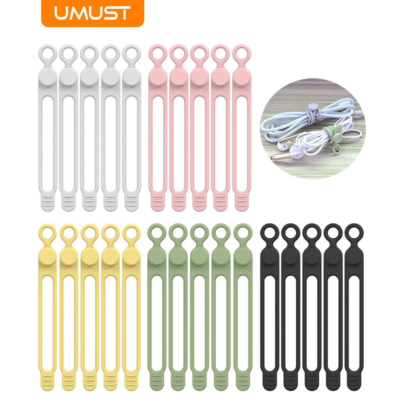 UMUST Bridas para cables de silicona, organizador de cables, correas para cables, bridas para cables reutilizables, organizador de cables de viaje, bonita brida elástica, bridas para cables