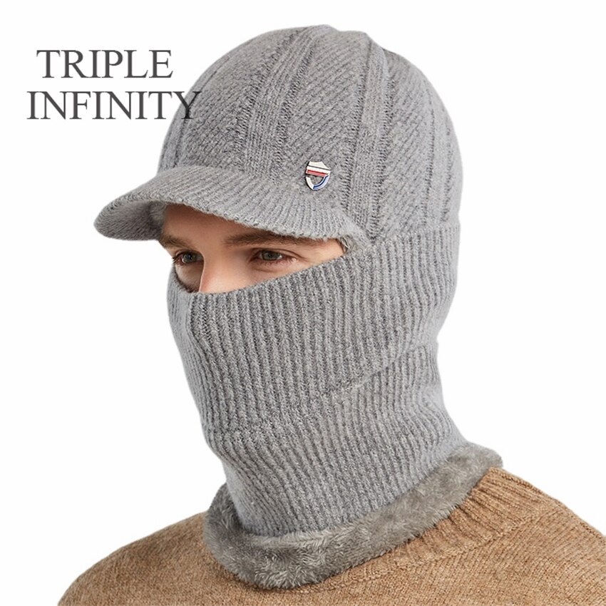 TRIPLE INFINITY Winter Men Knitted Hat Thick Windproof Dust-proof Sun Visor Hats Outdoor Cycling Warm Bonnet Male Baseball Cap: Hat And Scarf D