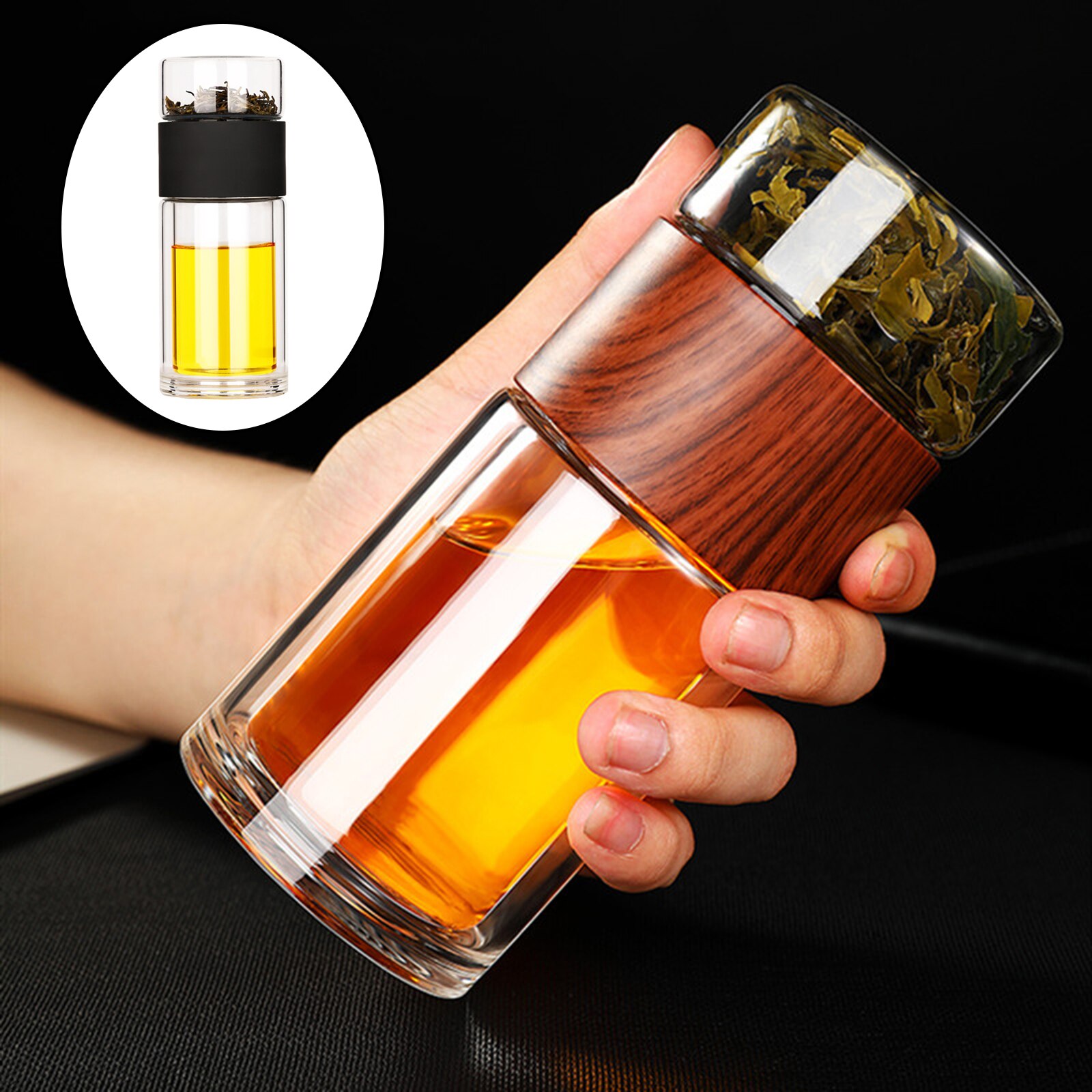 Botella de vidrio para infusiones, vaso de viaje portátil de doble pared con malla de acero inoxidable a prueba de fugas para hojas sueltas