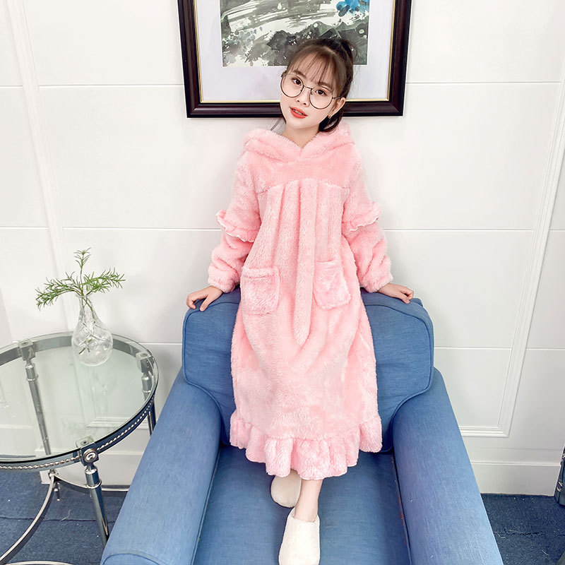 Albornoz con capucha para niña, bata de baño de franela gruesa para madre e hija, bata de dormir, ropa de casa familiar, de invierno: Rosa / 160CM