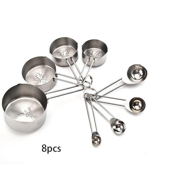 8Pcs/Set Measuring Spoon Set Stainless Steel Measure Liquid Tea Coffee Seasoning Cups Nordic Kitchen Baking Tool Measuring Cups: 8Silver