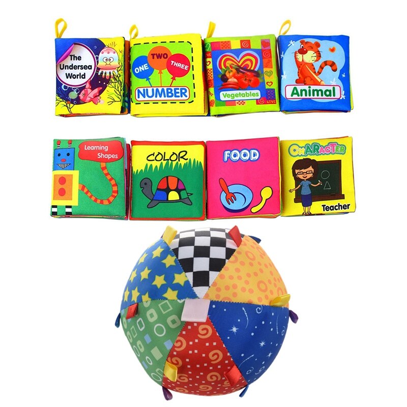 8x Baby Eerste Niet Giftig Zachte Doek Boek Set Crinkle, multicolor & 1x Baby Bal Kleurrijke Zintuiglijke Bal Speelgoed Zachte Ring Bell