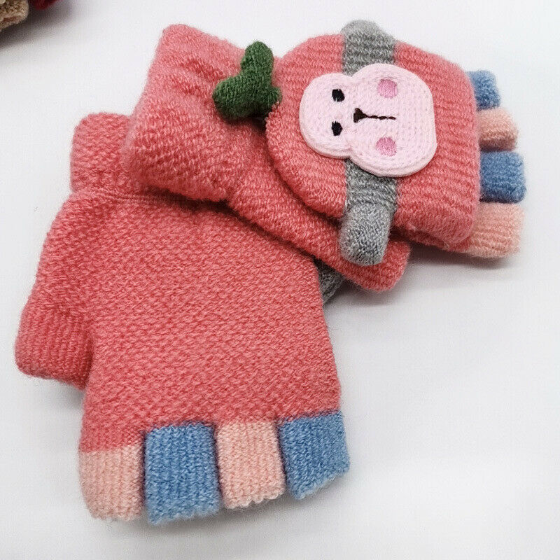 Unisex Kids Gloves Winter Cute Cartoon Knitted Cotton Half-Finger Boys Girls Warm Gloves Christmas Soft Student Mitten Monkey