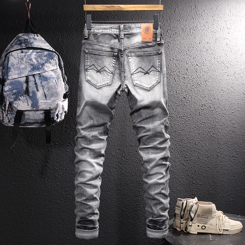 Pantalones vaqueros rasgados de para hombre, Jeans Retro grises elásticos, ajustados, rasgados, rasgados, Vintage, informales