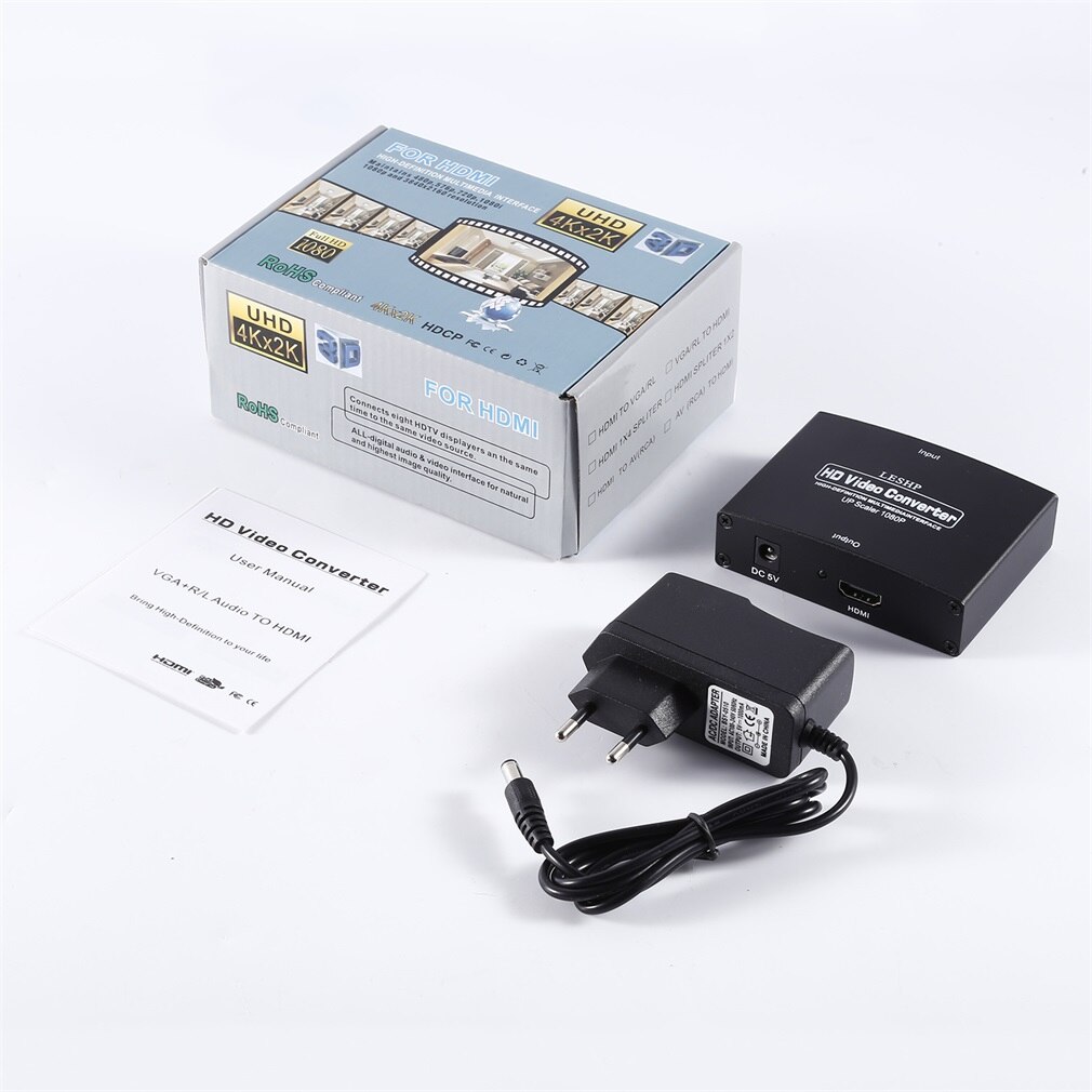 VGA to HDMI-compatible output 1080P HD Audio TV AV HDTV PC Video Cable VGA HDMI-compatible-compatible Converter Adapter: EU Plug