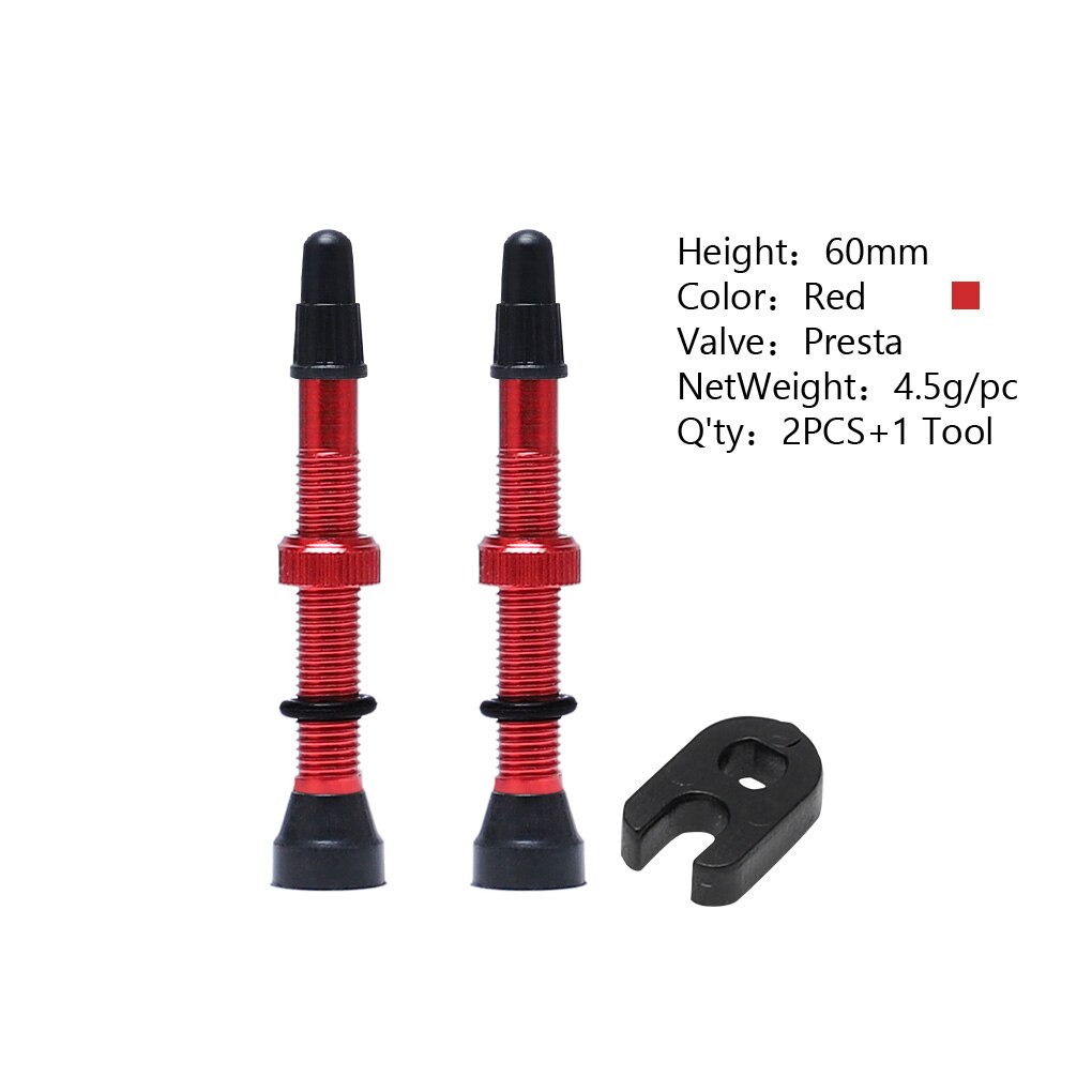 2 Pcs/set Bike Tire Air Valve Bike Tubeless Wheel Valve Kit Copper Core Alloy Stem Rubber Base: Red 60mm