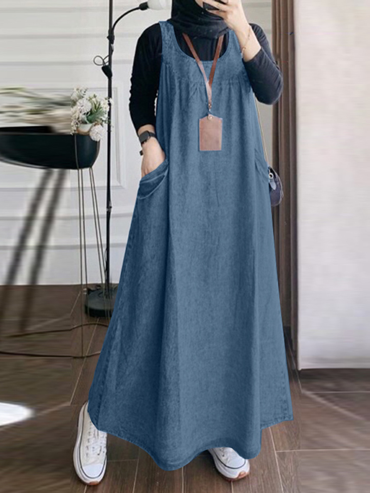 Sommer Elegante Overalls Kleid ZANZEA Muslimischen Maxi Sommerkleid Robe Femme Vintage Straps Solide A-line Denim Blau Vestidos Kaftan 2024: XL / Blau