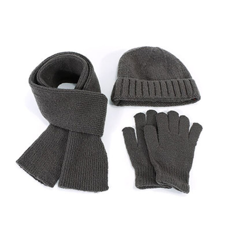 Unisex Winter 3 Stuks Beanie Hoed Lange Sjaal Handschoenen Set Effen Kleur Gebreide Warmer F3MF