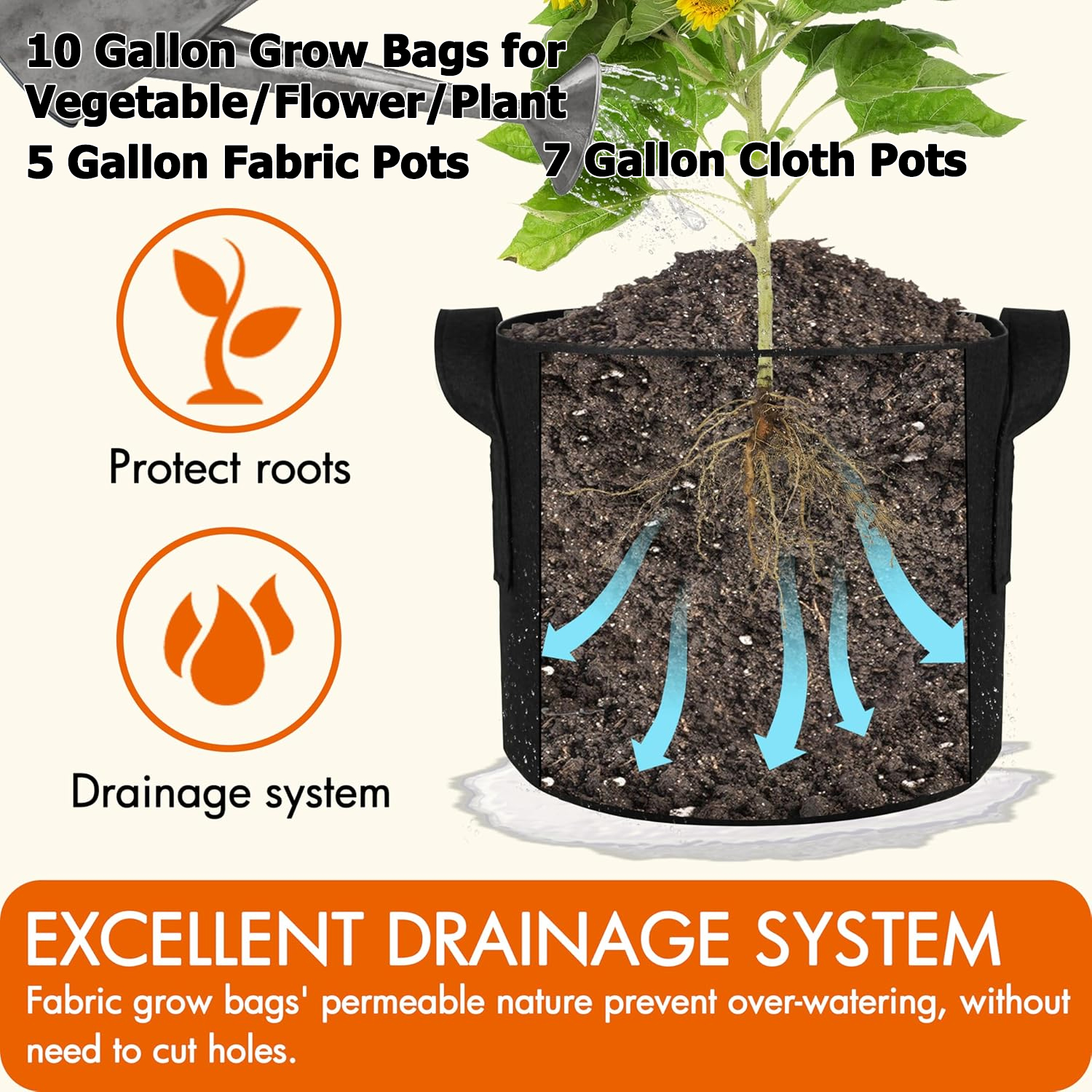 10 Gallon Grow Bags for Vegetable/Flower/Plant, 5 Gallon Aeration Fabric Pots with Handles Cloth Pots for Plants Garden