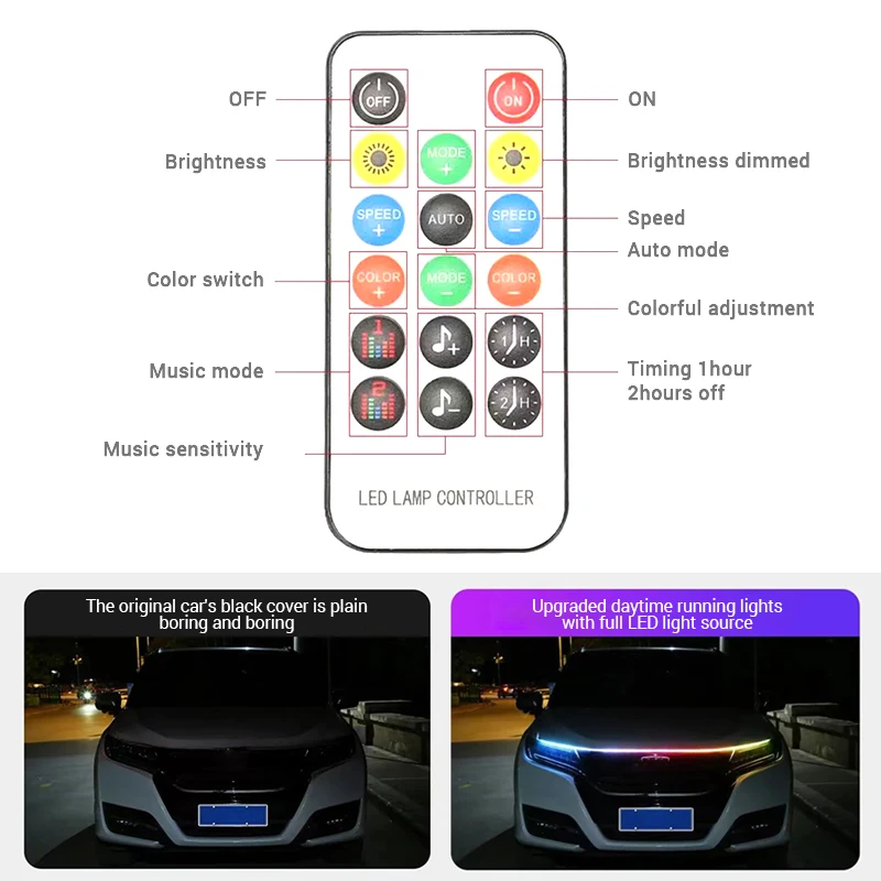 Luz LED de conducción diurna para capó de coche, escaneo de arranque, impermeable, Flexible, guía de capó de motor, lámpara ambiental decorativa de 12V