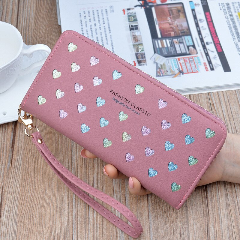 Women Wallet Pu Leather Long Love Heart Cute Purse for Phone High Capacity Card Holder Clutch Wallets Carteira Feminina: DarkPink