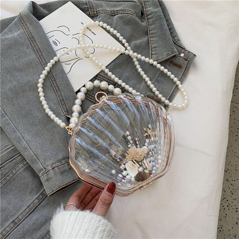 Acrylic Tote Transparent Shell bag PVC Women's Handbag Pearl strap Shoulder Messenger Bag: Transparent