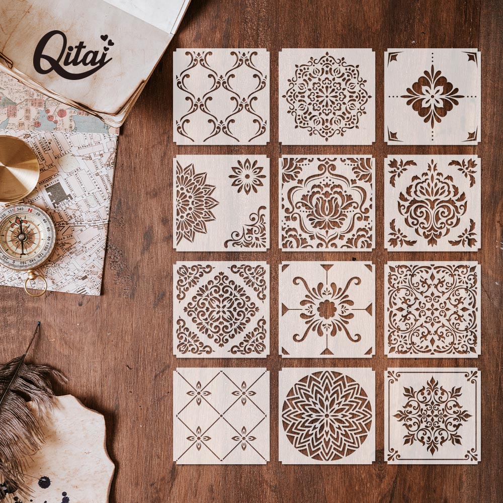 Layering Stencils QITAI 12pcs/set for DIY Scrapbooking/Photo Album Decorative Embossing Stencil Paper Cards Crafts handwork ST02
