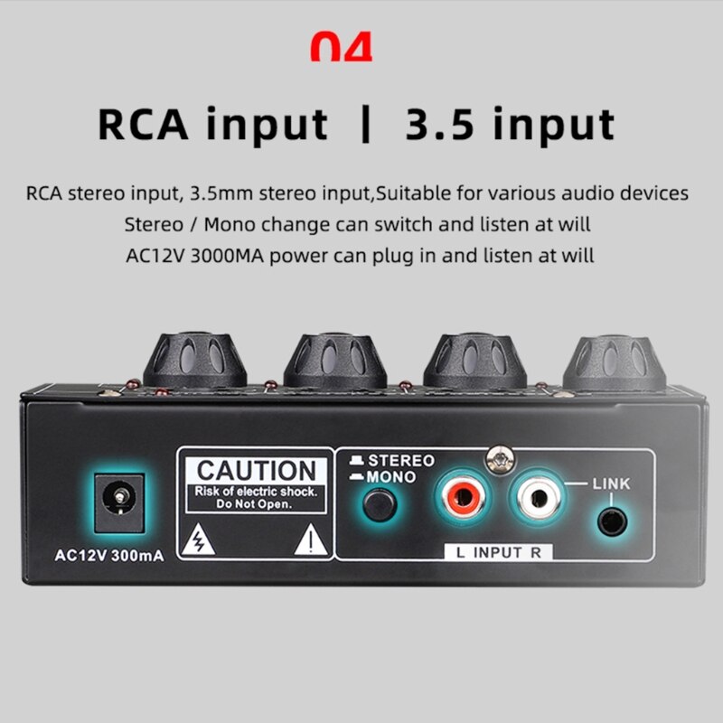 Entrada RCA de 4 canales, Mini auriculares estéreo/Mono Switch, amplificador ultracompacto de 6,35mm/3,5mm, salida estéreo