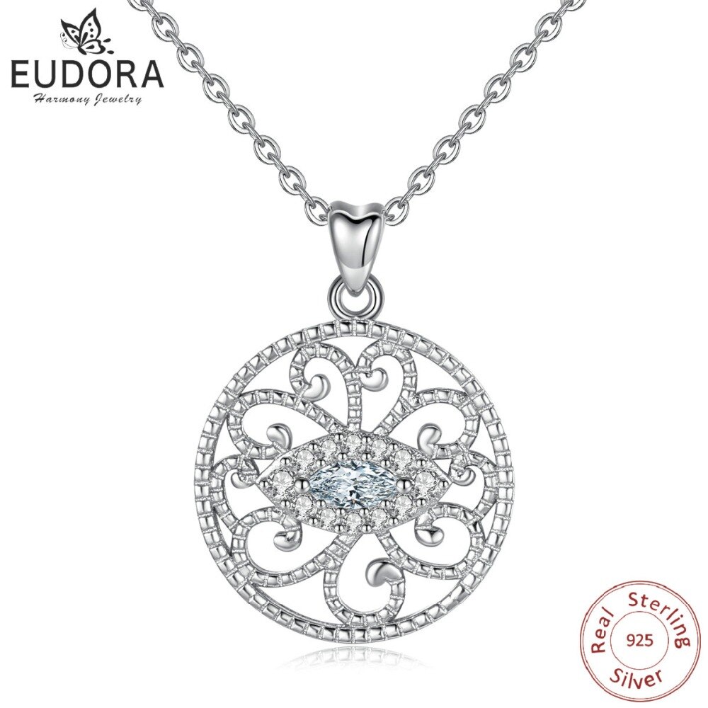 EUDORA 925 Sterling Silver Clear CZ Eye of Devil & Lycorisradiata Flower Pendant Necklace Luckly Eye Charm Fine Jewelry D351