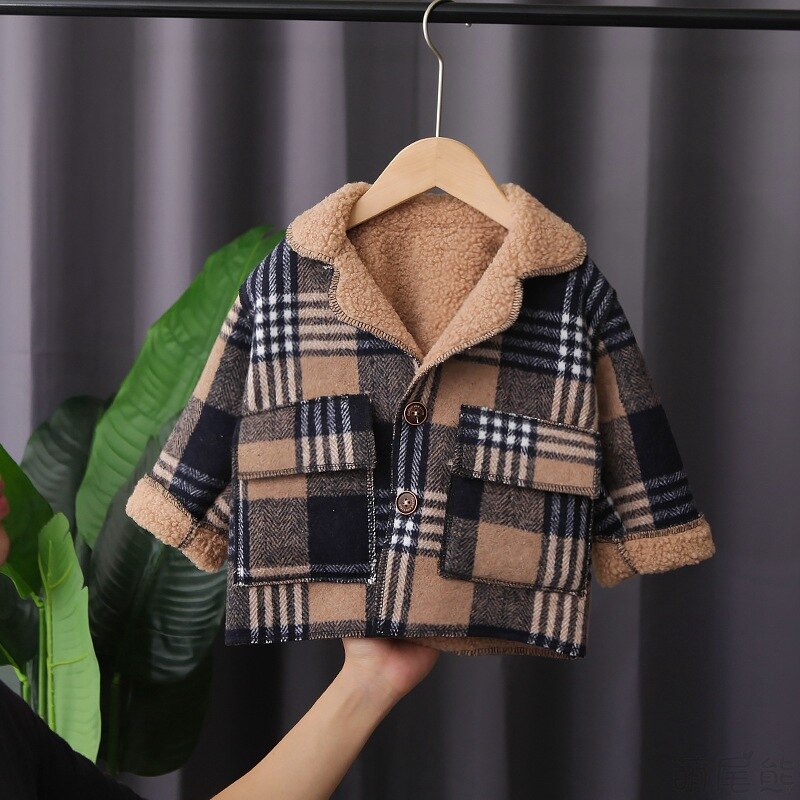 Vestes d'hiver à carreaux coréens pour garçons, manteaux chauds pour bébés garçons, à la , Plus vestes épaisses en velours, vêtements d'extérieur pour tout-petits,: Khaki / 6T