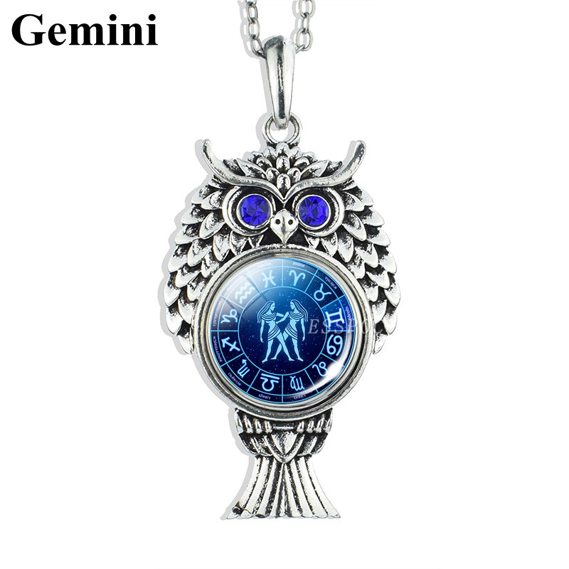 Cute Owl Pendant Stainless Steel Owl Necklace 12 Zodiac Signs Aries Taurus Gemini Cancer Leo Scorpio Constellation Jewelry