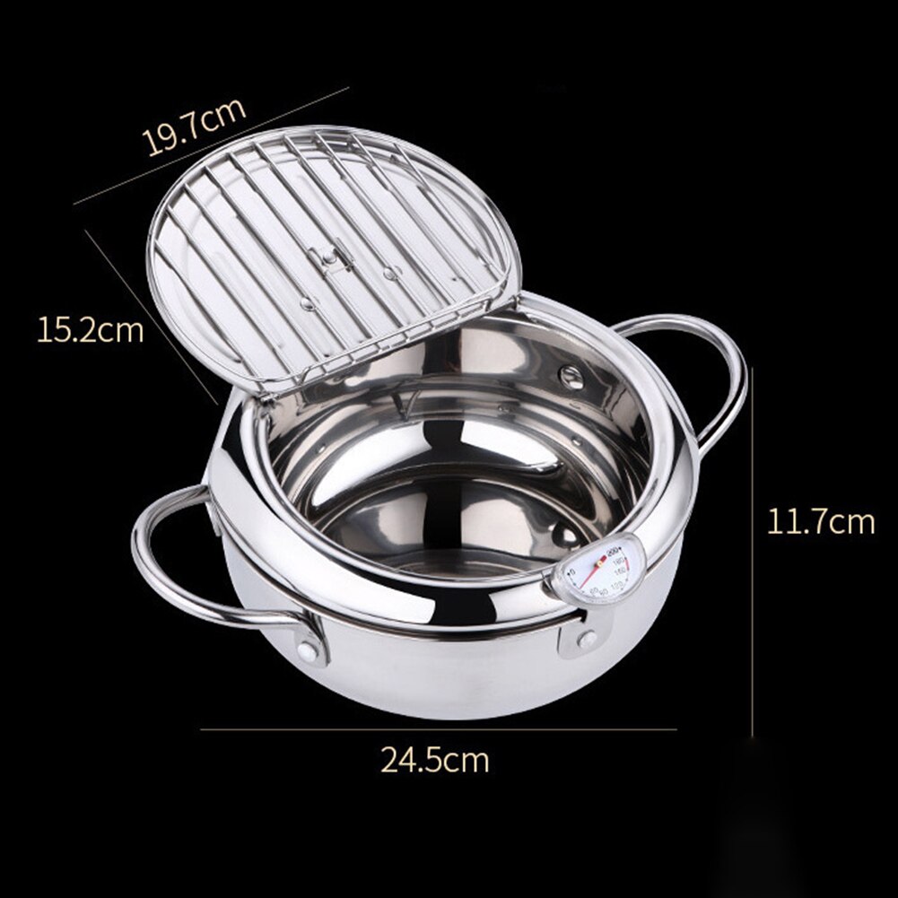 Stainless Steel Japanese Tempura Deep Frying Pot Fryer with Thermometer Drainer Food Cooker Fried Home Kitchen Cooking Gadgets: Silver 24cm
