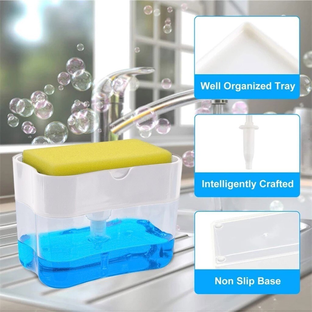 2-in-1Sponge Rack Soap Dispenser Soap Dispenser And Sponge Caddy Kitchen Liquid Soap Dispenser Bathroom Organizer Cleaner Tool