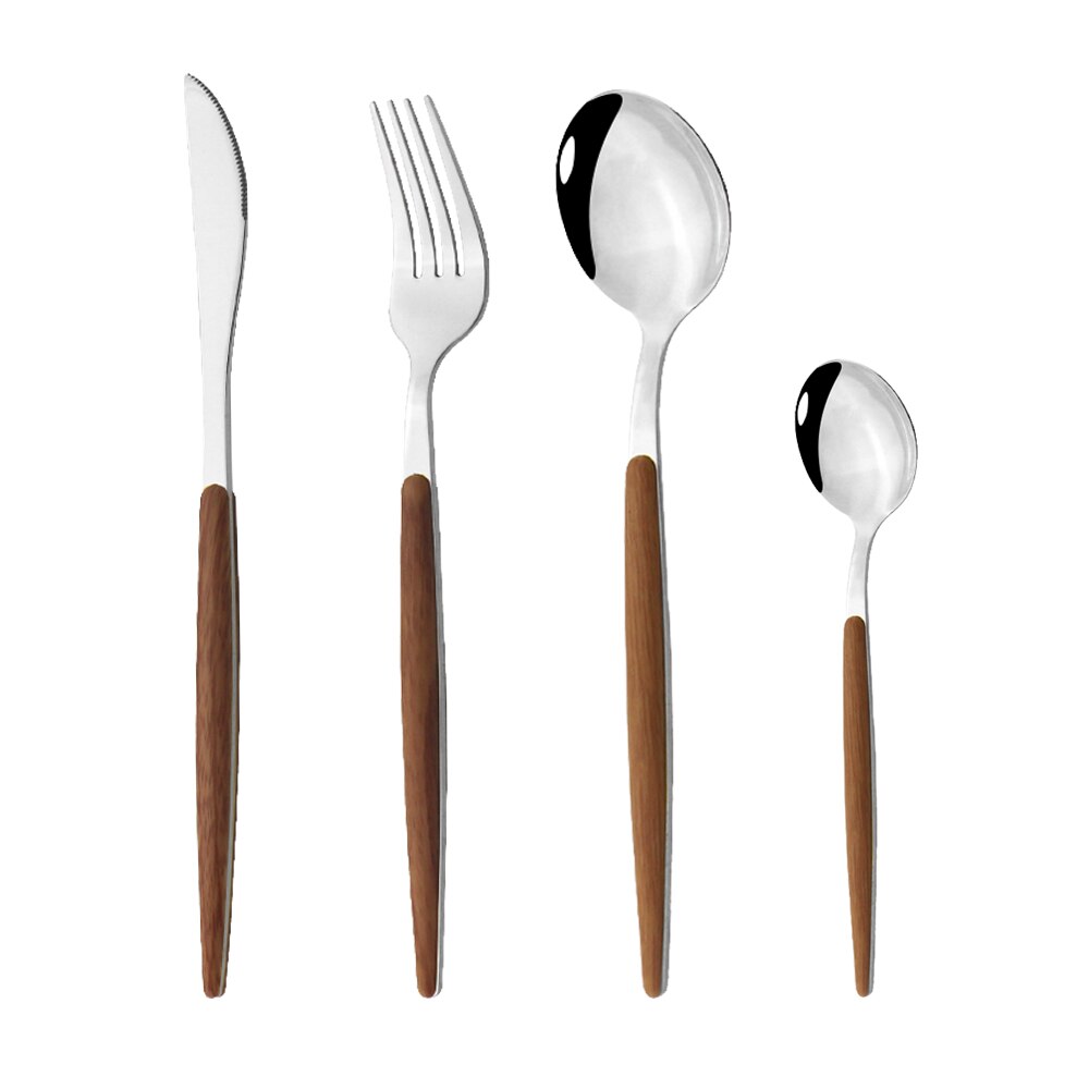 Western Silver 1/5Pcs Dinnerware Set Wood Handle Stainless Steel Dinner Home Knife Fork Spoon Fish Fork Flatware Cutlery Sets: 4Pcs Teaspoon