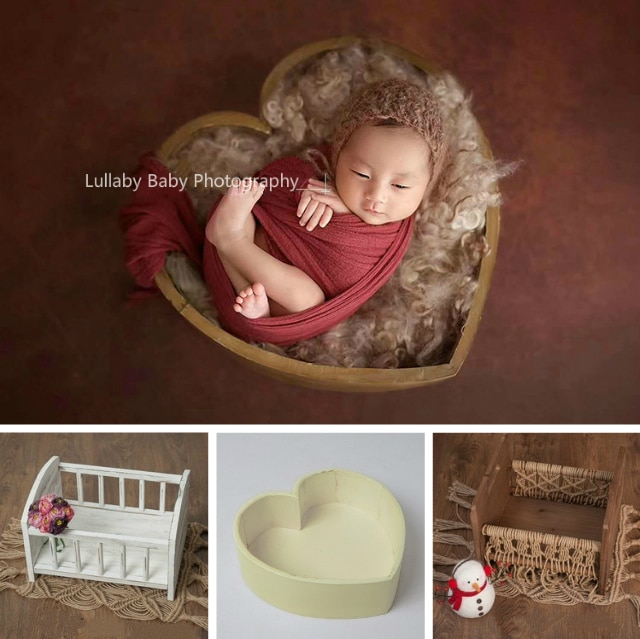 Cama de bebé para fotografía, cuna de bebé en forma de corazón, contenedor de madera para estudio fotográfico, utilería para posar