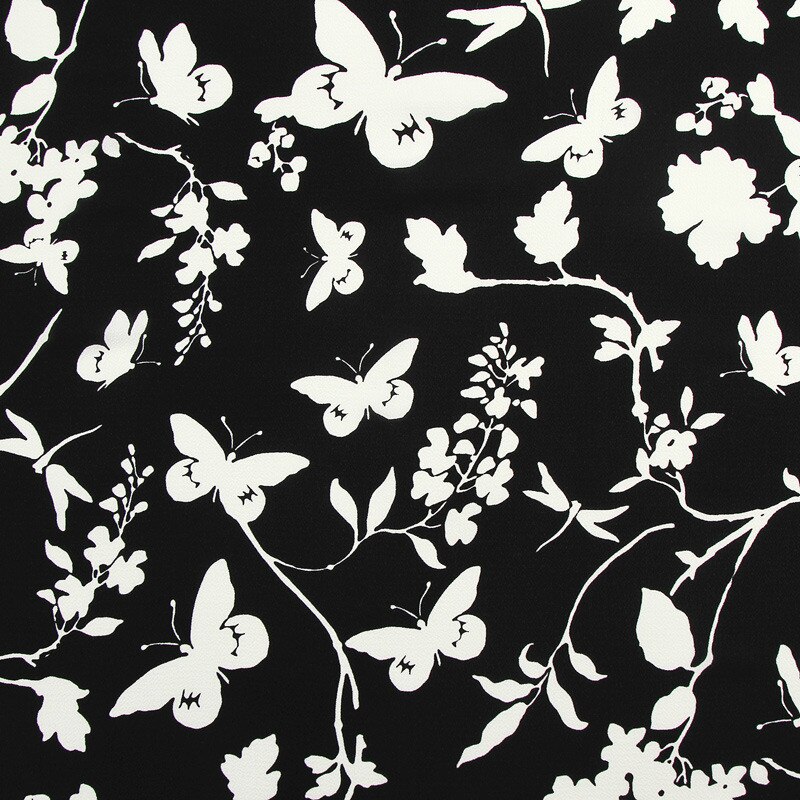 Sort og hvid chiffon sommerfugletryk stof kjole skjorte stof, ved måleren: Default Title