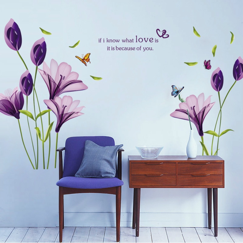 Älskar lila lilja blomma avtagbar vinyldekal väggdekal väggmålning diy konst vardagsrum dekorativ heminredning tapet 60*90cm
