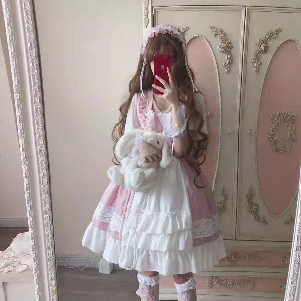 Japanese Black Pink Maid Costume Loli Lolita Skirt Op Small Cute Soft Girl Fairy Skirt Gothic Lolita Dress Women Kawaii Clothing