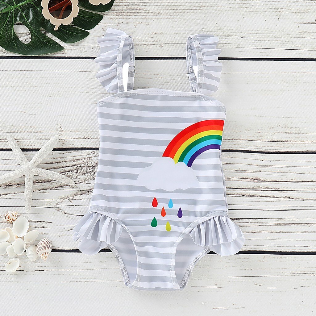 Baby Swimwear Child Kids Cute Ruffle Striped Rainbow Print One Piece Swimsuit swimwear купальник для девочки#GH