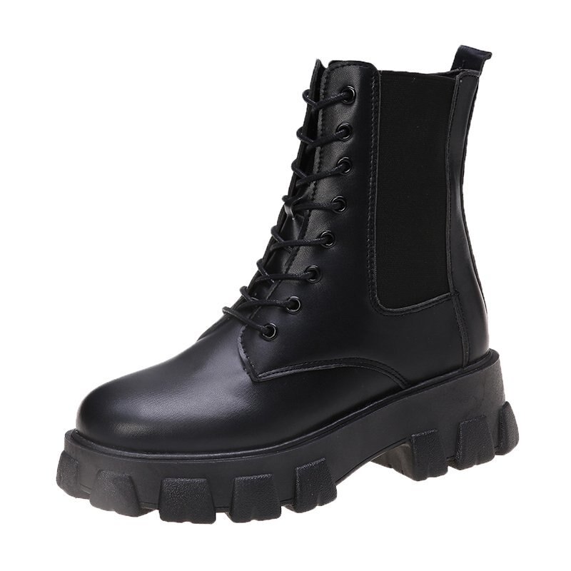 Bottes à talon carré pour femmes, tendance, coupe mi-mollet, tête ronde et mi-haut, hiver , à lacets: Black (Yapi) / 35