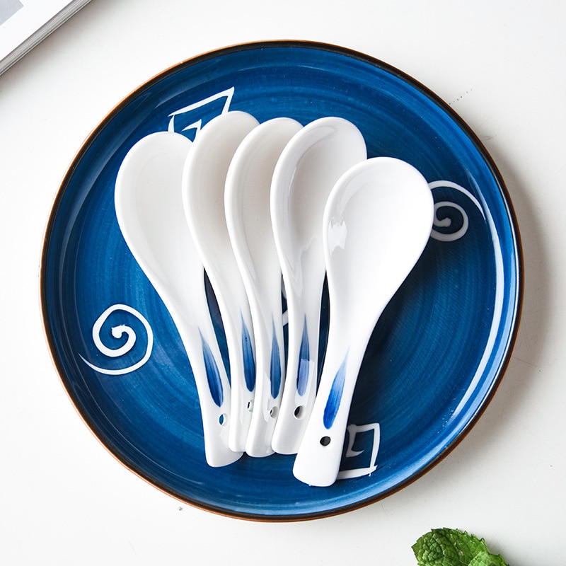 5PCS/SET Hand Drawn Japanese Ceramic Soup Spoons Environmental Protection Healthy Porcelain Household Tableware Spoons