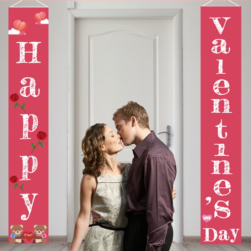 2PCS Door Porch Sign Valentines Day Decorations Pink Banners Hanging Love Heart Streamers Wall Decor Party Supply Valentines Day