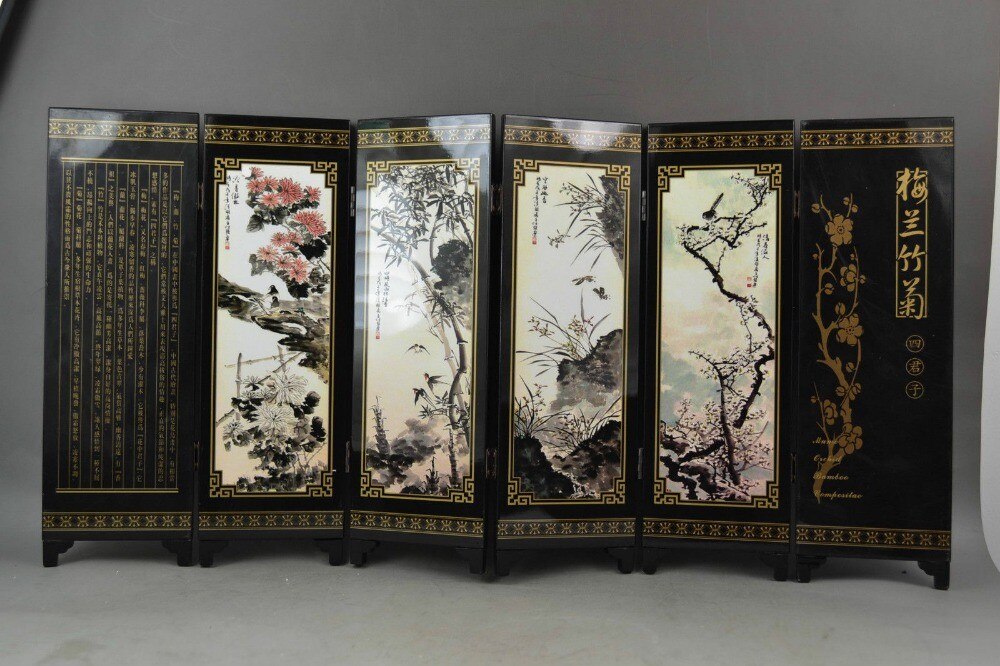Chinese wooden screen, lacquer painting plum blossom bamboo flower painting