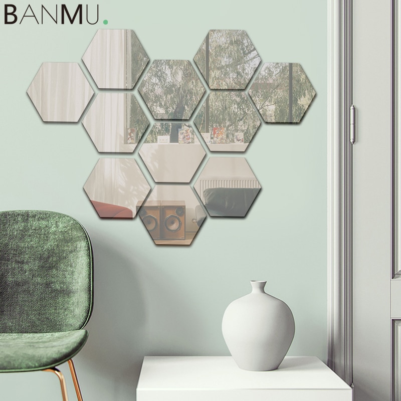 Banmu 12 Stuks Diy Zilveren Acryl Reflecterende Hexagon Spiegel Muurstickers Spiegel Stickers Home Decor Decoratie Voor Woonkamer