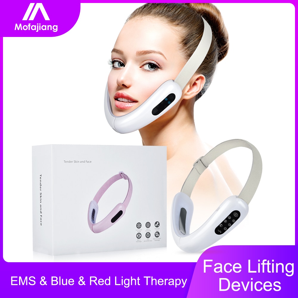 Dispositivo de estiramiento facial EMS V, máquina de cinturón de elevación de mentón, herramienta de adelgazamiento, masajeador, terapia de fotones LED roja y azul, vibración de calor galvánico